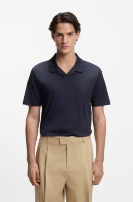Mercerised slim-fit polo shirt with Johnny collar, Dark Blue