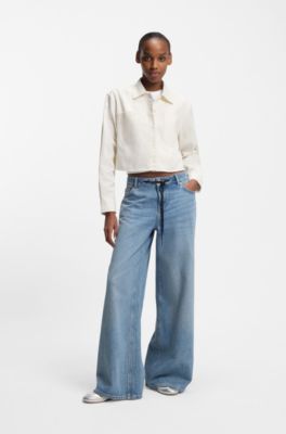 Relaxed-fit blouse in cotton with Happy HUGO logo, Natural
