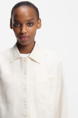 Relaxed-fit blouse in cotton with Happy HUGO logo, Natural