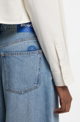 Relaxed-fit blouse in cotton with Happy HUGO logo, Natural