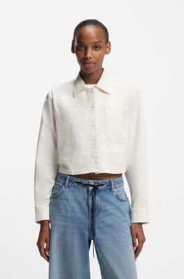 Relaxed-fit blouse in cotton with Happy HUGO logo, Natural