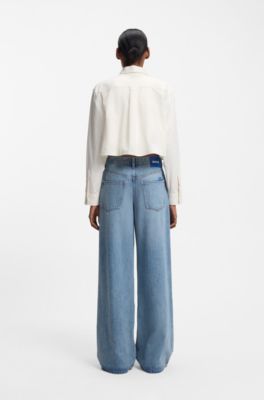 Relaxed-fit blouse in cotton with Happy HUGO logo, Natural