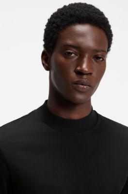 Slim-fit T-shirt in stretch cotton with stand collar, Black