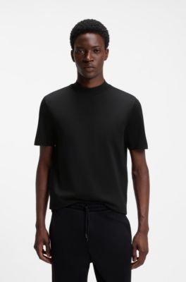 Slim-fit T-shirt in stretch cotton with stand collar, Black