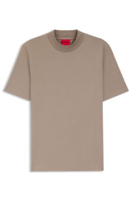 Slim-fit T-shirt in stretch cotton with stand collar, Light Brown
