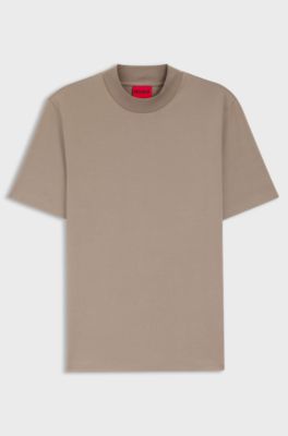 Slim-fit T-shirt in stretch cotton with stand collar, Light Brown