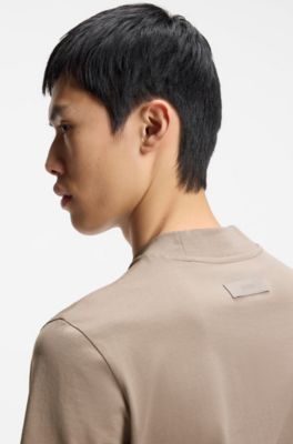 Slim-fit T-shirt in stretch cotton with stand collar, Light Brown
