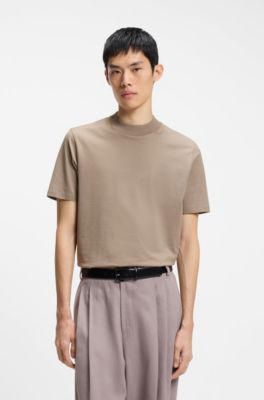 Slim-fit T-shirt in stretch cotton with stand collar, Light Brown