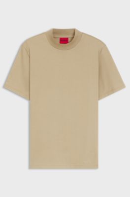 Slim-fit T-shirt in stretch cotton with stand collar, Beige