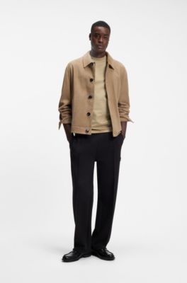 Slim-fit T-shirt in stretch cotton with stand collar, Beige