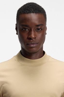 Slim-fit T-shirt in stretch cotton with stand collar, Beige
