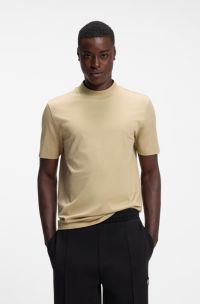 Slim-fit T-shirt in stretch cotton with stand collar, Beige