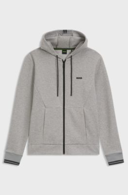 Cotton-blend zip-up hoodie with stripe details, Grey
