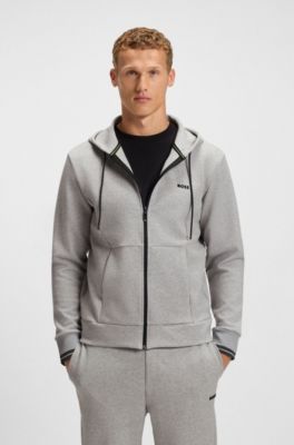 Cotton-blend zip-up hoodie with stripe details, Grey