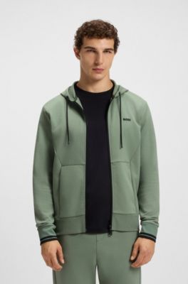 Sweat &agrave; capuche zipp&eacute; en coton m&eacute;lang&eacute; &agrave; rayures, Vert