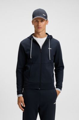 Sweat &agrave; capuche zipp&eacute; en coton m&eacute;lang&eacute; &agrave; rayures, Bleu fonc&eacute;