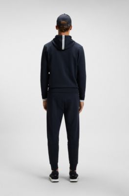 Katoenmix hoodie met rits en streepdetails, Donkerblauw