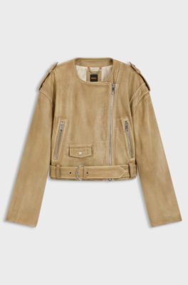 Cropped biker jacket in grained leather, Beige