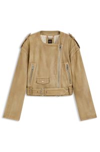 Kortere bikerjas van generfd rundleer, Beige