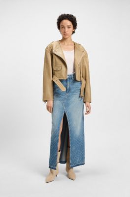 Cropped biker jacket in grained leather, Beige
