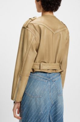 Chaqueta biker corta de piel granulada, Beige