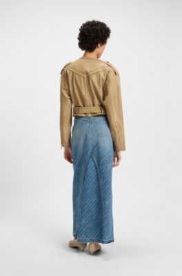 Cropped biker jacket in grained leather, Beige