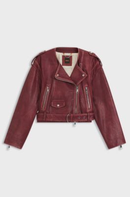 Cropped biker jacket in grained leather, Dark Red