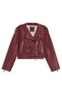 Giubbotto biker corto in pelle martellata, Rosso scuro