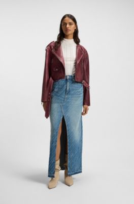 Cropped biker jacket in grained leather, Dark Red