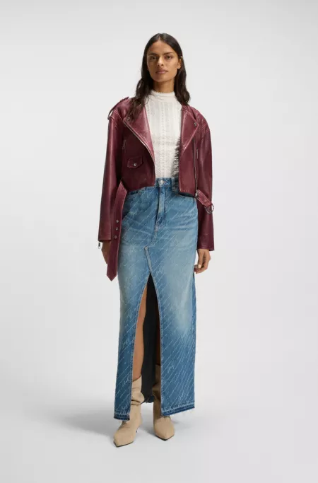Cropped biker jacket in grained leather