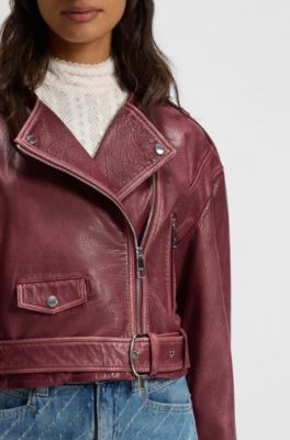 Cropped biker jacket in grained leather, Dark Red