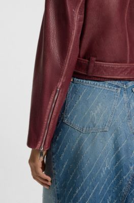 Cropped biker jacket in grained leather, Dark Red
