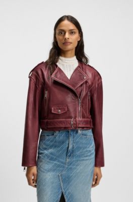 Cropped biker jacket in grained leather, Dark Red