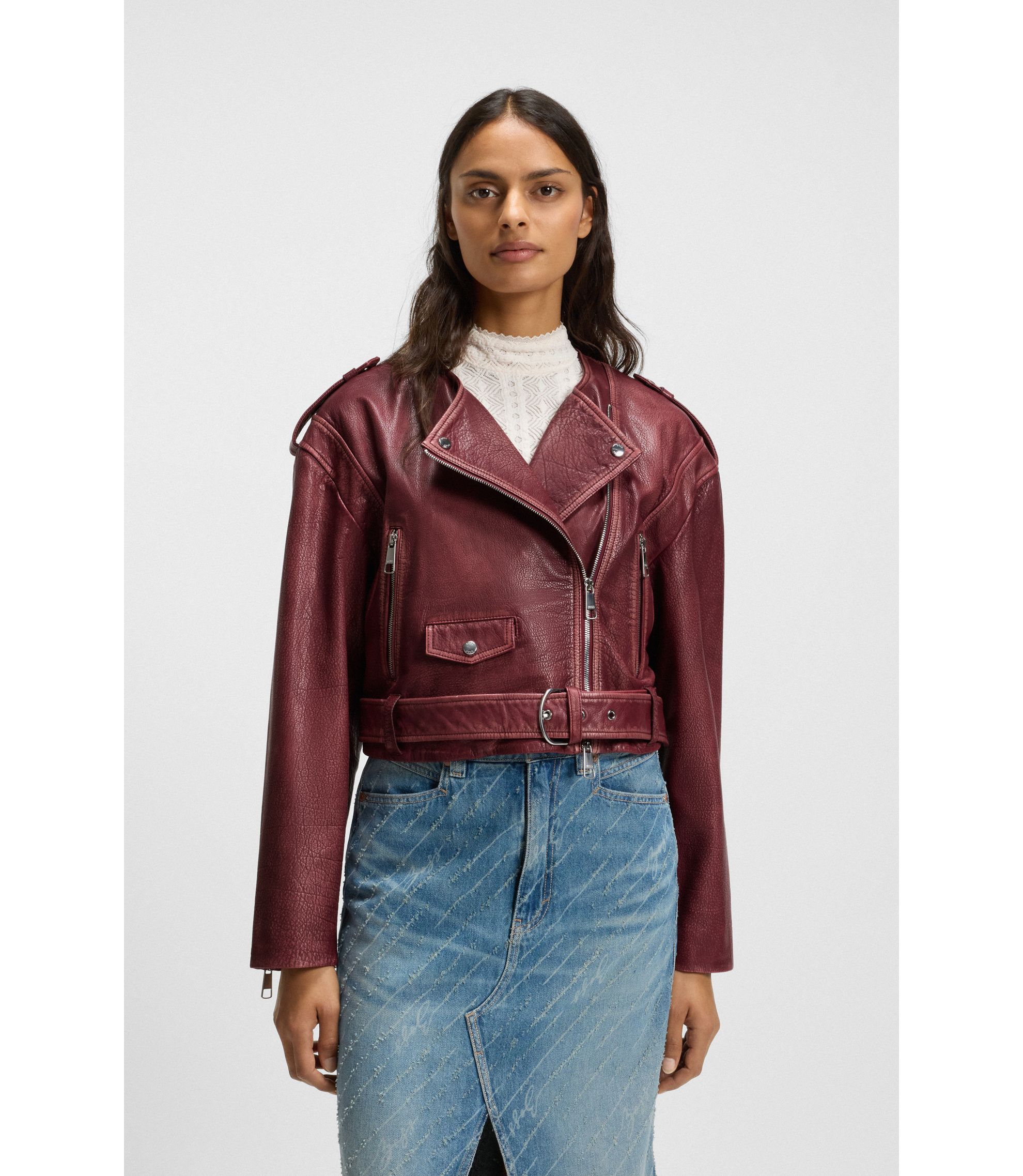【美品】HUGO BOSS レザージャケット 赤 FR46 ゴートナッパ 本革 HUGO - HUGO x RB レザージャケット ブルモチーフ - ブラック