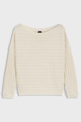 Cotton-blend knitted sweater with mixed structures, Natural
