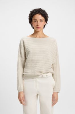 Cotton-blend knitted sweater with mixed structures, Natural