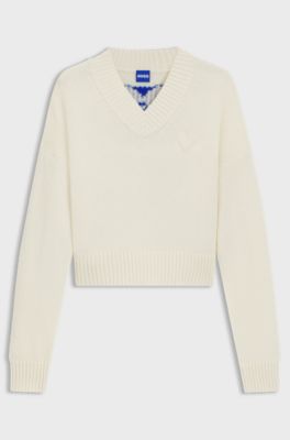 V-neck sweater with rear Happy HUGO heart, Natural