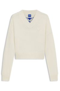V-neck sweater with rear Happy HUGO heart, Natural