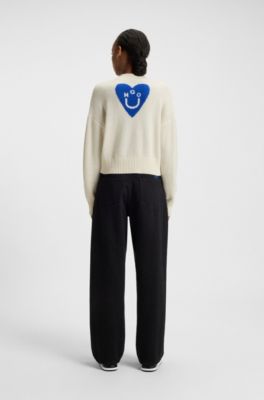 V-neck sweater with rear Happy HUGO heart, Natural