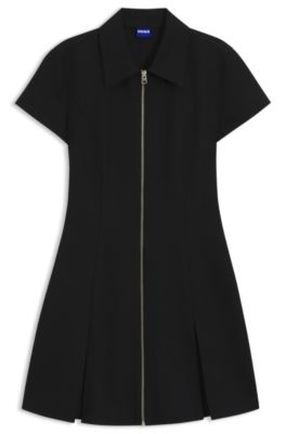 Robe pr&egrave;s du corps zipp&eacute;e sur le devant avec jupe pliss&eacute;e, Noir