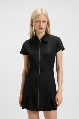 Robe pr&egrave;s du corps zipp&eacute;e sur le devant avec jupe pliss&eacute;e, Noir