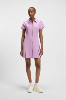 Zip-front bodycon dress with pleated skirt, light pink