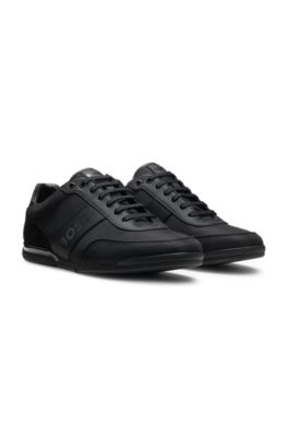 Logo-detail lace-up trainers with leather trims, Black