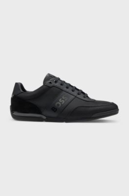 Logo-detail lace-up trainers with leather trims, Black