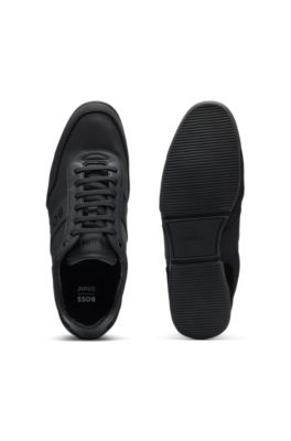 Logo-detail lace-up trainers with leather trims, Black