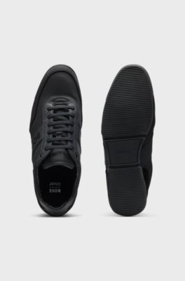 Logo-detail lace-up trainers with leather trims, Black