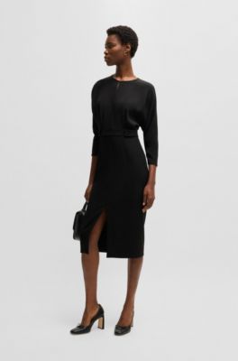 Mixed-material dress with waist details, Black
