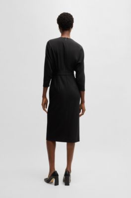 Mixed-material dress with waist details, Black