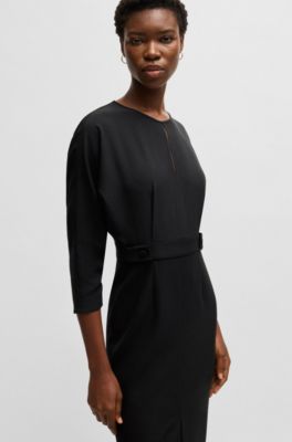 Mixed-material dress with waist details, Black