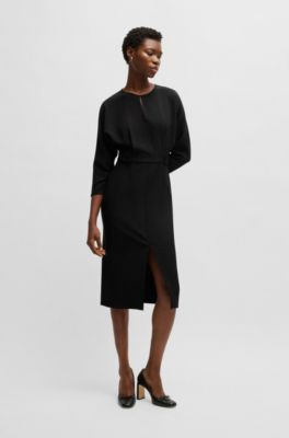 Mixed-material dress with waist details, Black